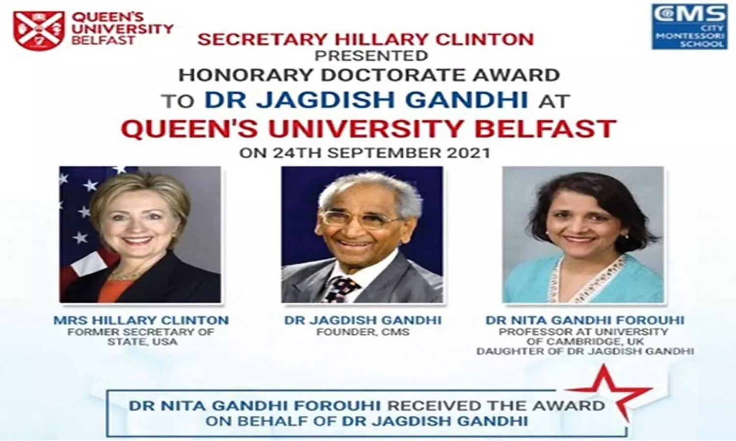 Dr Jagdish Gandhi Awarded an Honorary Doctorate by Queens University Belfast