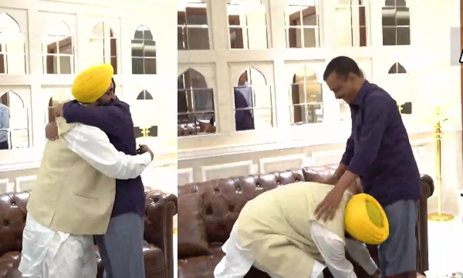 AAPs Bhagwant Mann touches Kejriwals feet, day after massive victory in Punjab