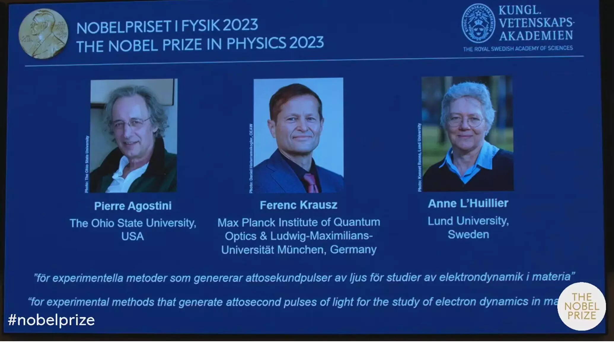 Nobel Prize in Physics goes to Agostini, Krausz, and LHuillier for contributions to the study of electron dynamics in matter