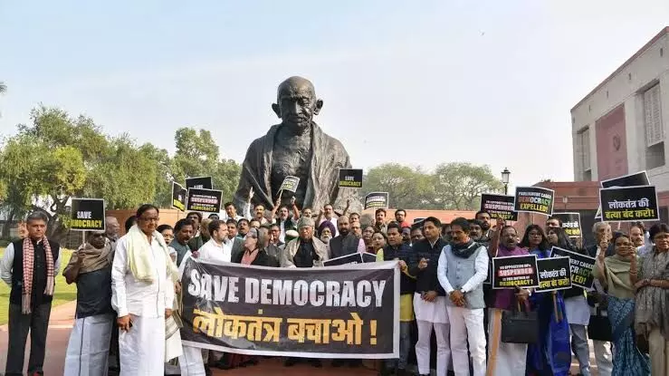 Opposition MPs protest against suspension of MPs, march taken out from Parliament to Vijay Chowk
