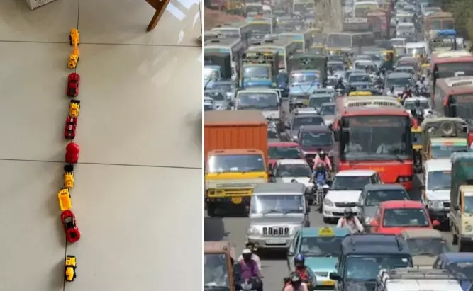 Child troubled by Bengaluru traffic, makes model from toy car, people are surprised to see childs imagination