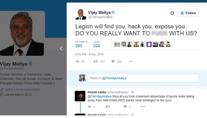After Rahul Gandhi now Vijay Mallyas account hacked by Legion