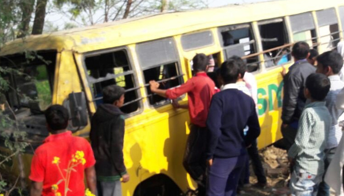 Six children injured after a school bus fell into ditch in Ghazipur