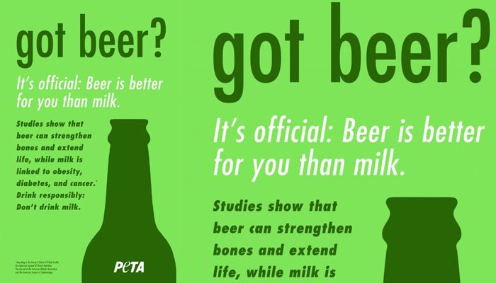Beer improves health, milk deteriorates it, says PETA