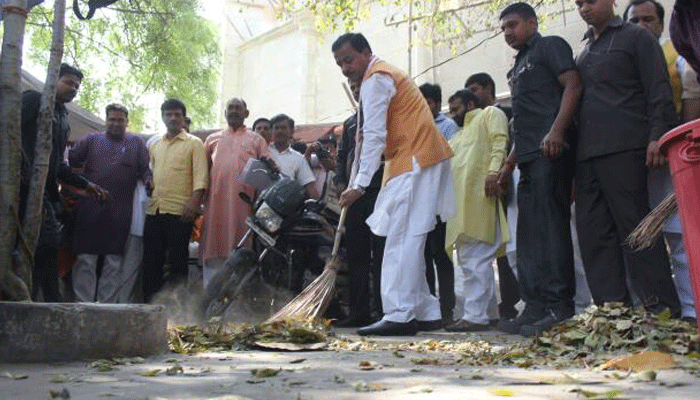 PICTURES: Keshav Maurya picks up broom to celebrate BJPs foundation day
