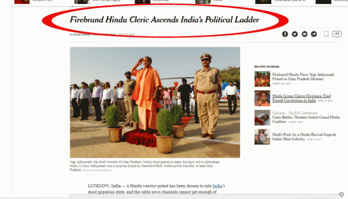 The New York Times calls Yogi Adityanath head of militant Hindu temple