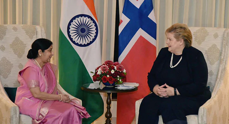 Sushma Swaraj meets Norwegian PM to invigorate bilateral ties