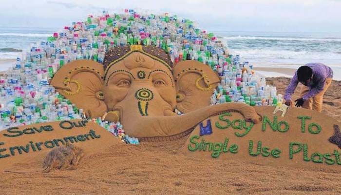 Sand Ganesh with a message Say no to single-use plastic