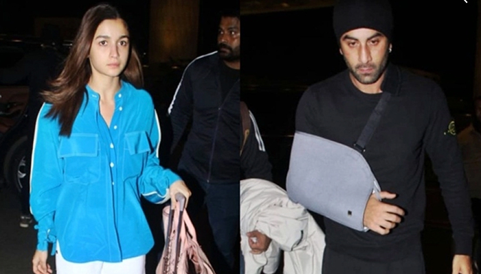 Alia Bhatt joins an injured Ranbir Kapoor at the Mumbai airport as they head out of the city