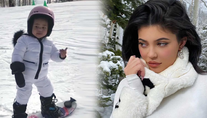 Kylie Jenners shares snow queen Stormis snowboarding video