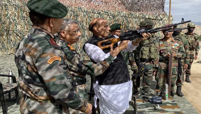 Ladakh Face-off: Rajanth Singh inspects a Pika Machine Gun at Leh