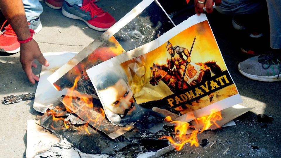 Karni Sena members burn posters of Bhansalis Padmavati