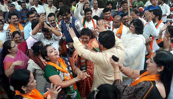 Celebrations at BJP central office over Gujarat, Himachal results