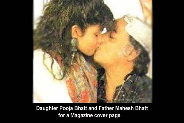 Director Mahesh Bhatt kissing his daughter Pooja Bhatt for a cover photo of a Magazine